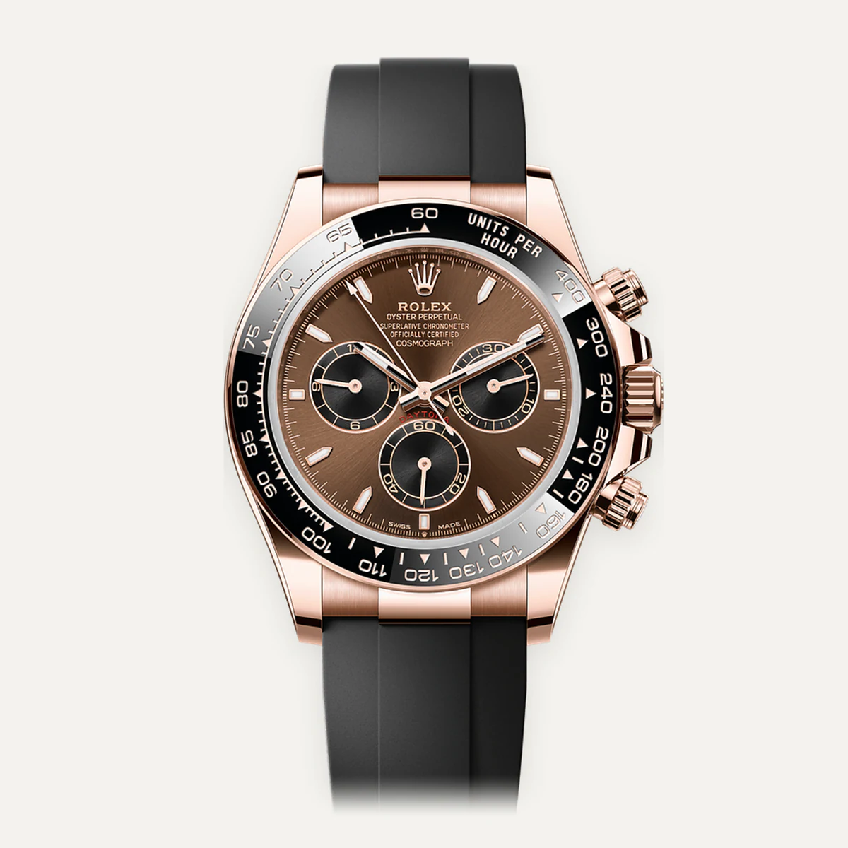 Rolex Cosmograph Daytona 40، ميناء شوكولاتة · حزام بنمط أويسترفليكس · الجيل الحالي — صورة توضيحية وليست صورة للقطعة