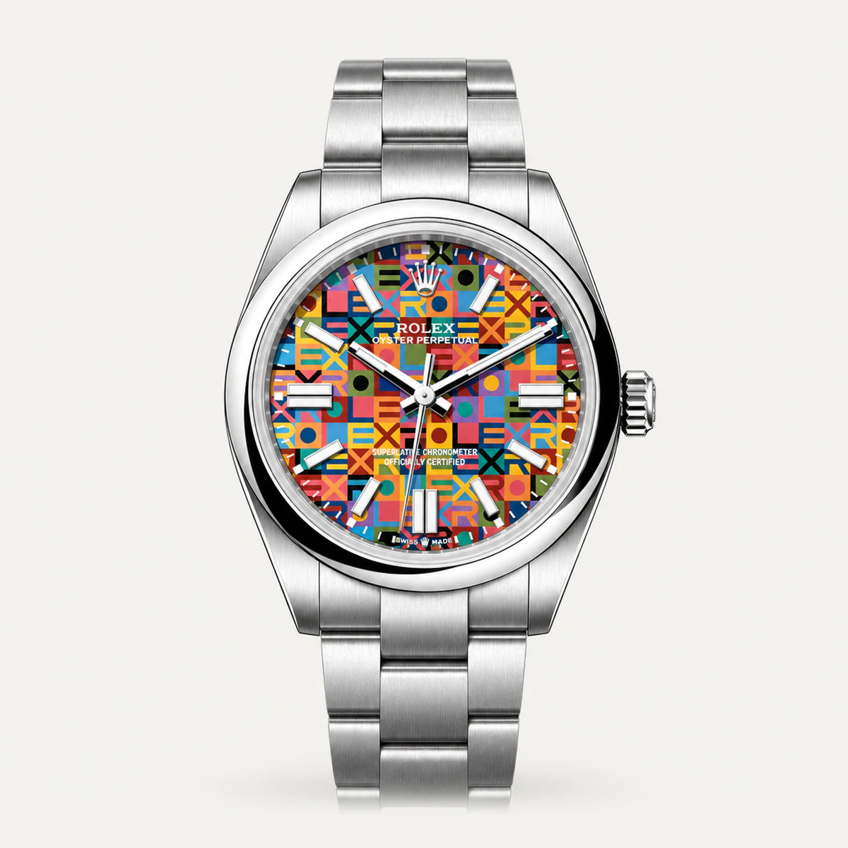 Rolex Oyster Perpetual 41, Multicolour geometric motif dial — illustrative render, not a photograph of the piece