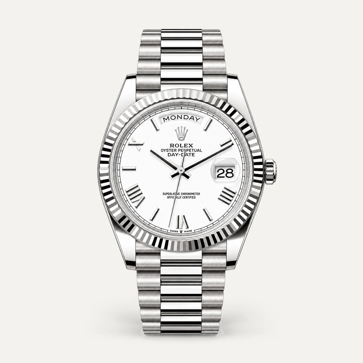 Rolex Day-Date 40، ميناء أبيض · أرقام رومانية · سوار بريزيدنت — صورة توضيحية وليست صورة للقطعة