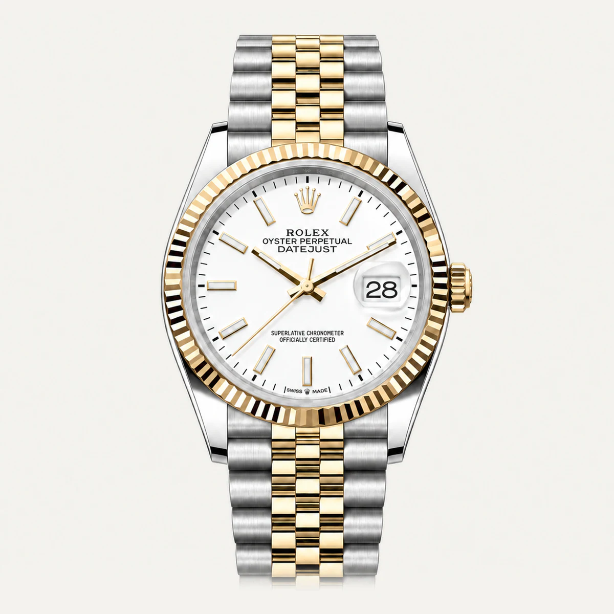 Rolex Datejust 41، ميناء أبيض · إطار مخدد · سوار جوبلي — صورة توضيحية وليست صورة للقطعة