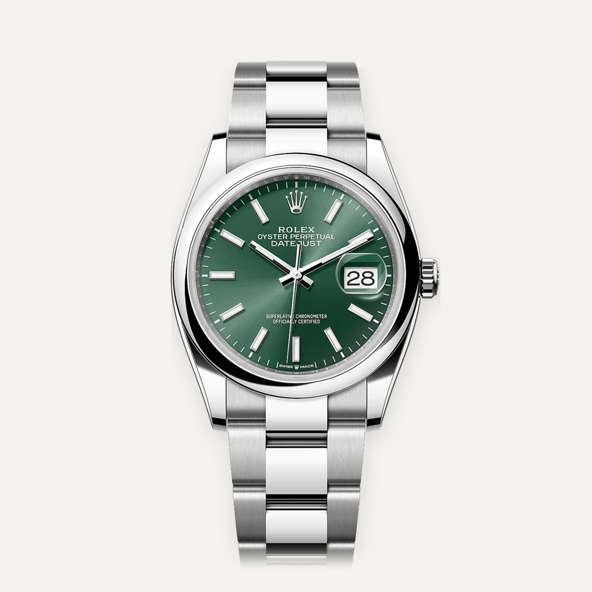 Rolex Datejust 36، ميناء أخضر · إطار أملس · سوار أويستر — صورة توضيحية وليست صورة للقطعة