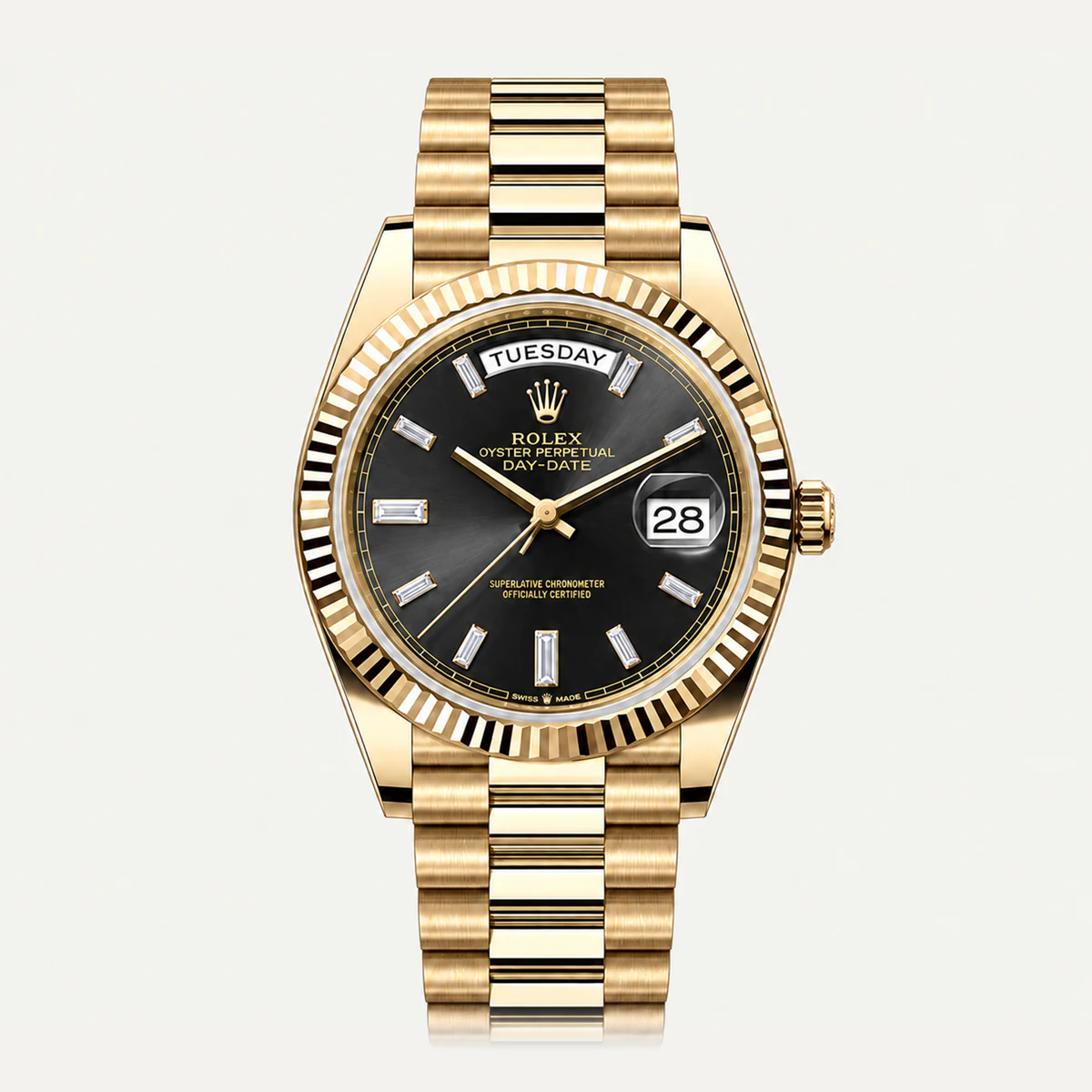 Rolex Day-Date 40، ميناء أسود · مؤشرات باغيت (أحجار مقلّدة) · سوار بريزيدنت — صورة توضيحية وليست صورة للقطعة