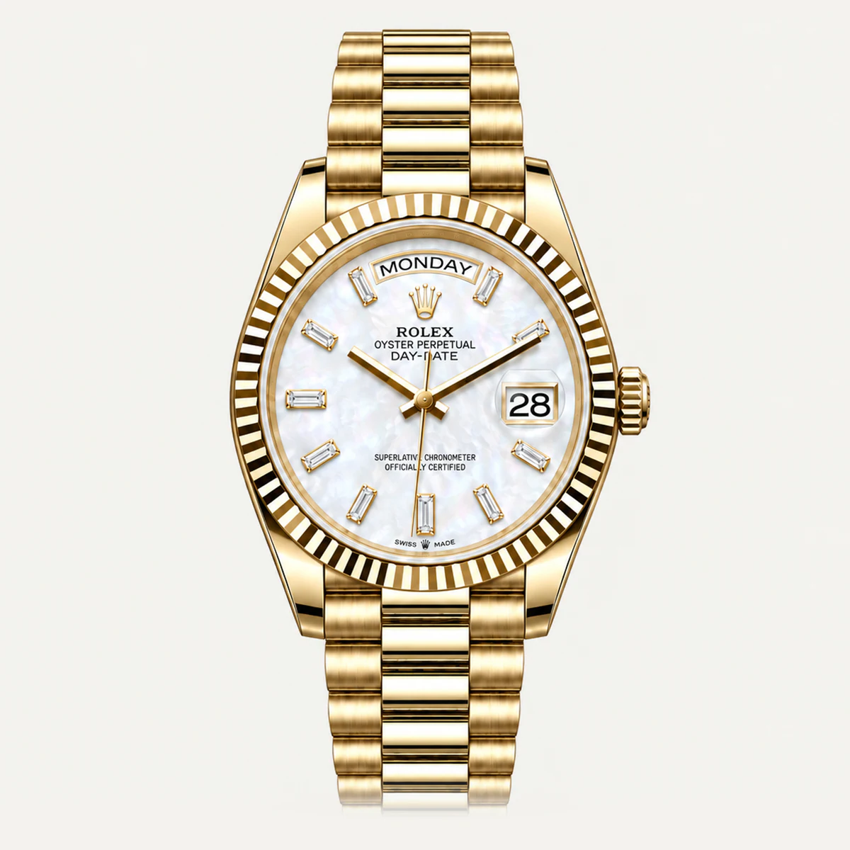 Rolex Day-Date 40، ميناء أبيض · مؤشرات باغيت (أحجار مقلّدة) · سوار بريزيدنت — صورة توضيحية وليست صورة للقطعة