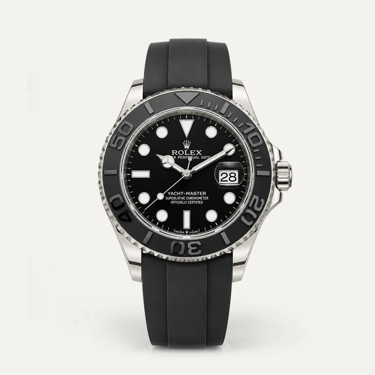 Rolex Yacht-Master 42، ميناء أسود · حزام بنمط أويسترفليكس — صورة توضيحية وليست صورة للقطعة