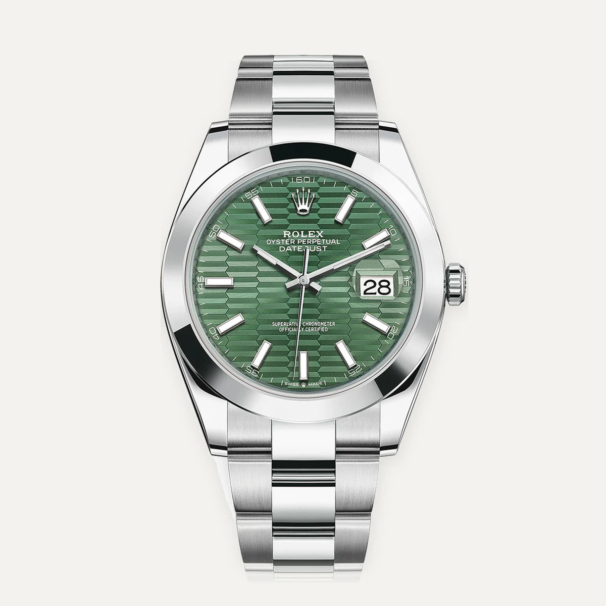 Rolex Datejust 41، ميناء أخضر نعناعي بنقش مخدد · إطار أملس · سوار أويستر — صورة توضيحية وليست صورة للقطعة