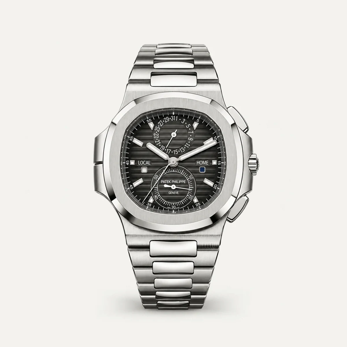 Patek Philippe Nautilus Travel Time Chronograph 5990/1A، ميناء أسود · ستيل — صورة توضيحية وليست صورة للقطعة