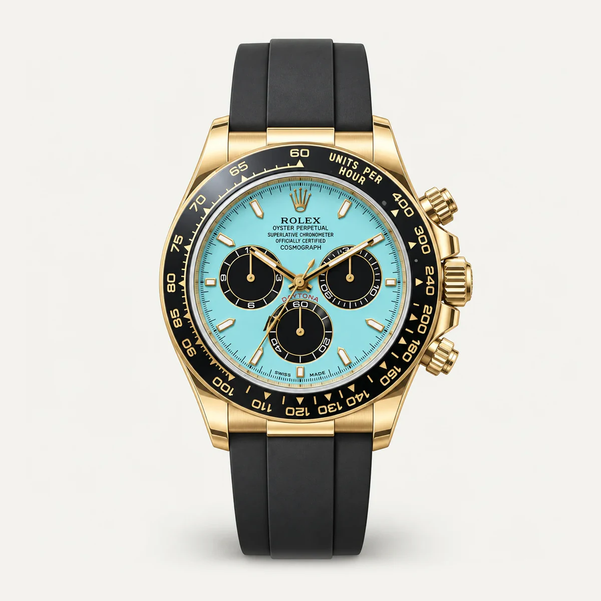 Rolex Cosmograph Daytona 40، ميناء فيروزي · حزام بنمط أويسترفليكس · الجيل الحالي — صورة توضيحية وليست صورة للقطعة