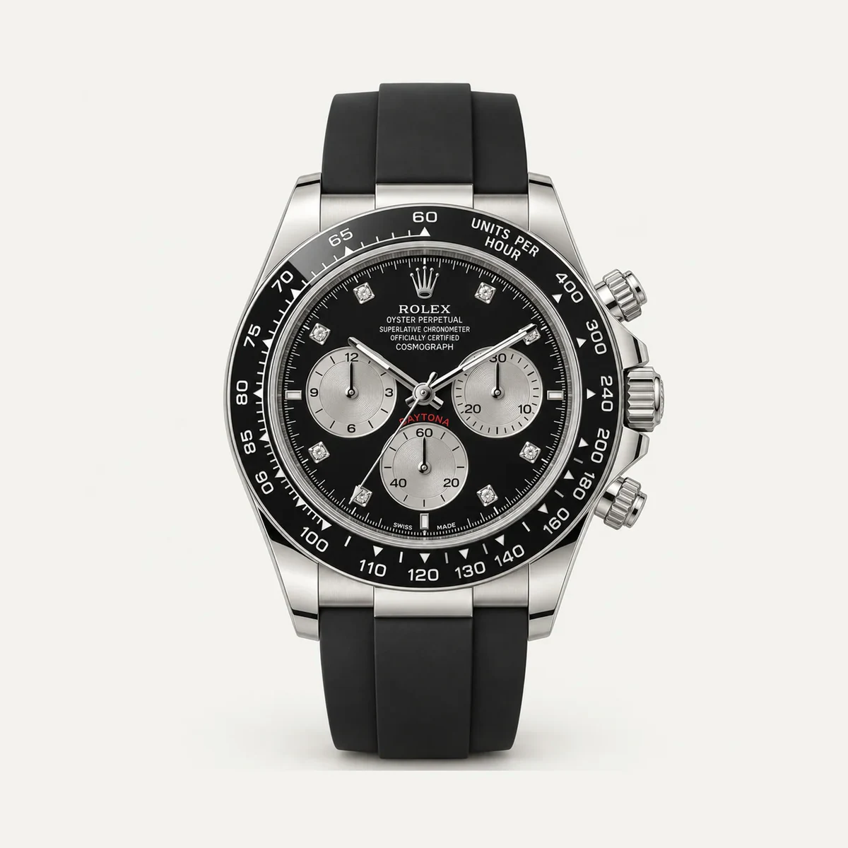 Rolex Cosmograph Daytona 40، ميناء أسود · مؤشرات مرصّعة (أحجار مقلّدة) · حزام بنمط أويسترفليكس · الجيل الحالي — صورة توضيحية وليست صورة للقطعة
