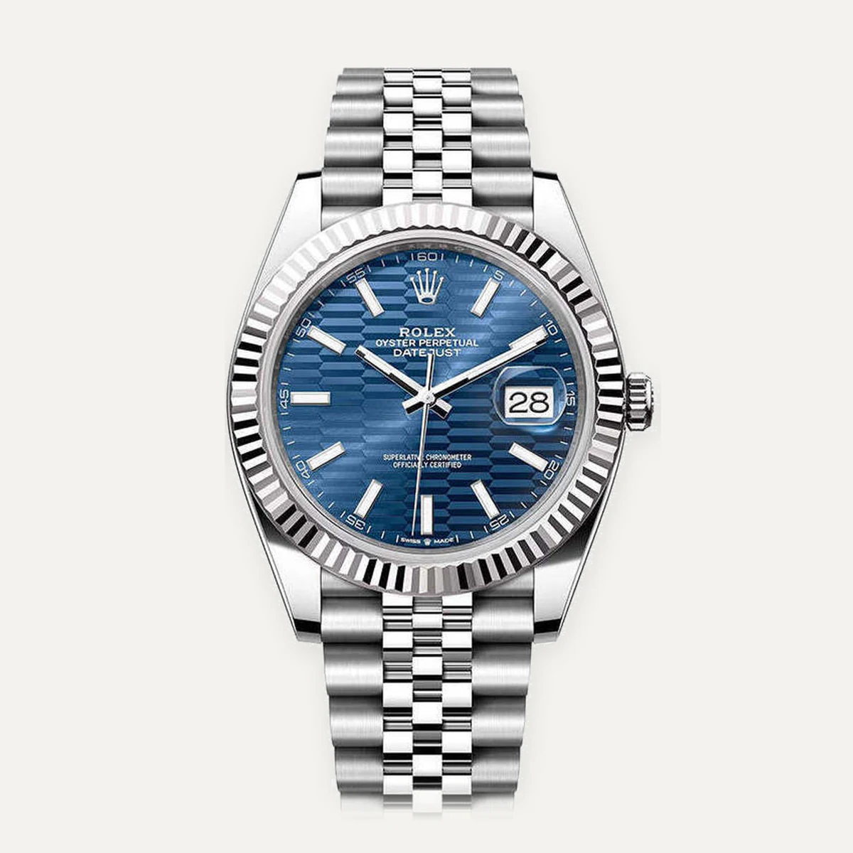 Rolex Datejust 41، ميناء أزرق بنقش مخدد · إطار مخدد · سوار جوبلي — صورة توضيحية وليست صورة للقطعة