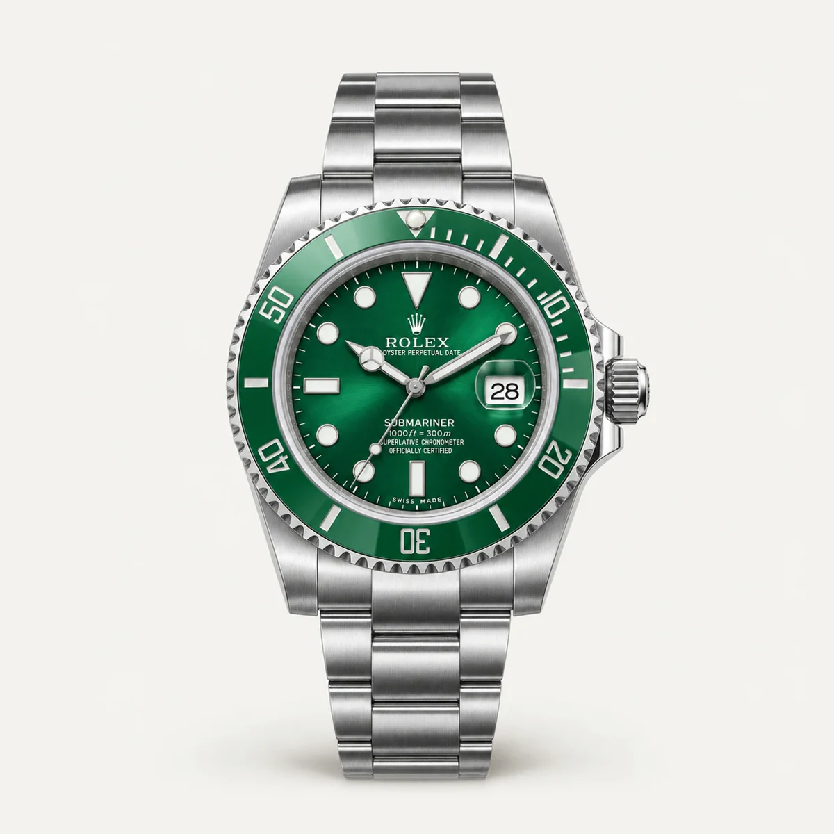 Rolex Submariner 40، ميناء أخضر · سوار أويستر — صورة توضيحية وليست صورة للقطعة