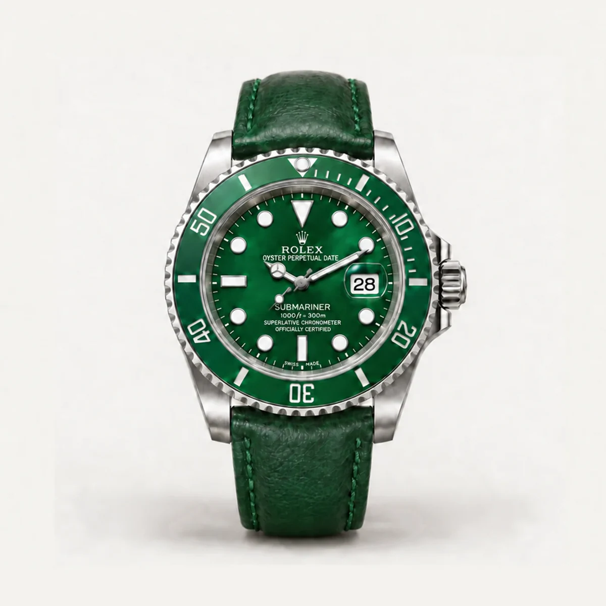 Rolex Submariner 40، ميناء أخضر · حزام جلد (تعديل خاص) — صورة توضيحية وليست صورة للقطعة