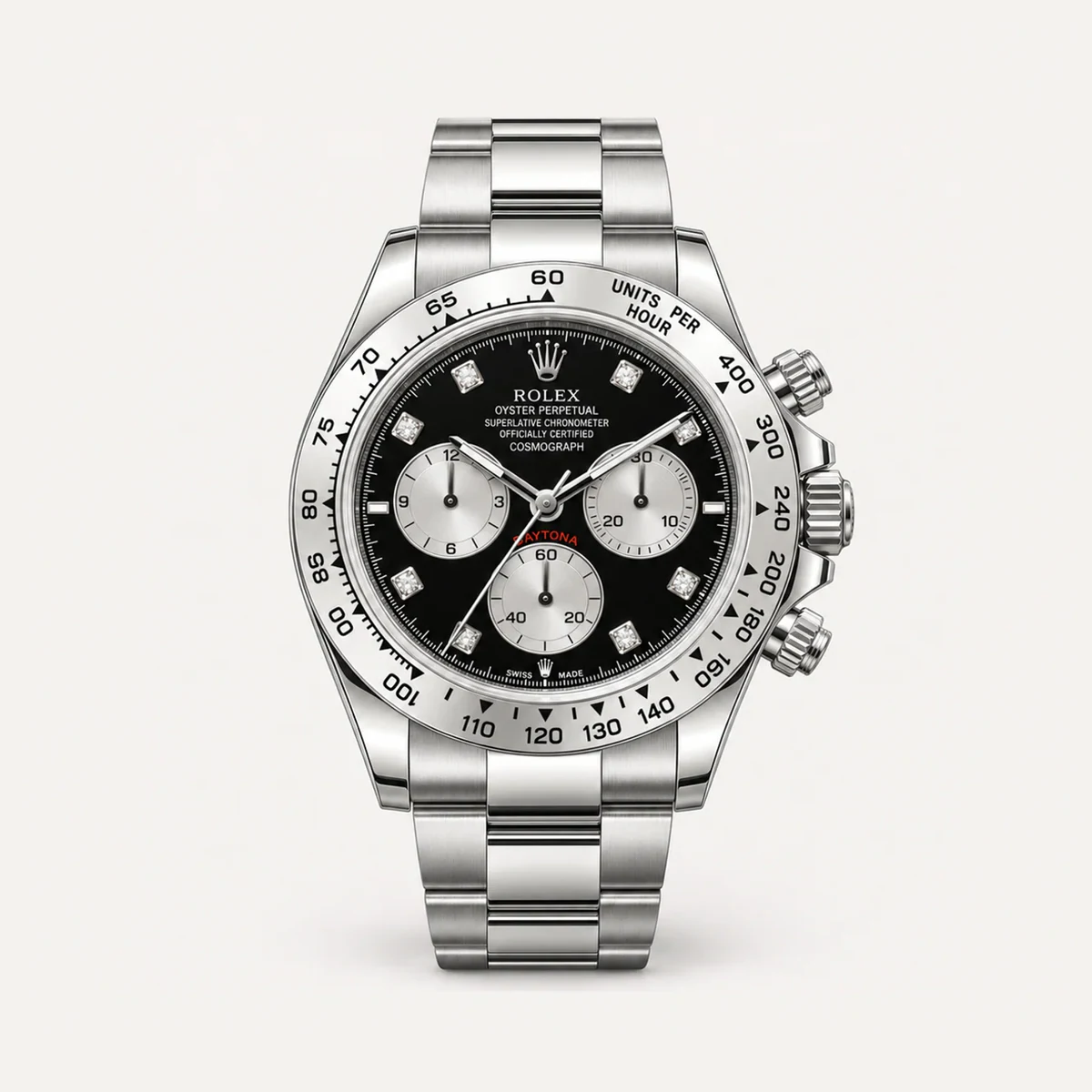 Rolex Cosmograph Daytona 40, Black dial · Set hour markers (simulated stones) · Oyster · Current generation — illustrative render, not a photograph of the piece