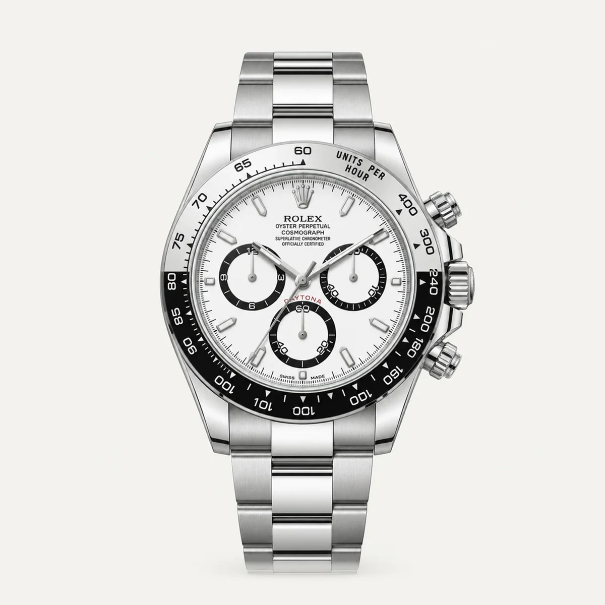 Rolex Cosmograph Daytona 40, White dial with black counters · Oyster · Current generation — illustrative render, not a photograph of the piece