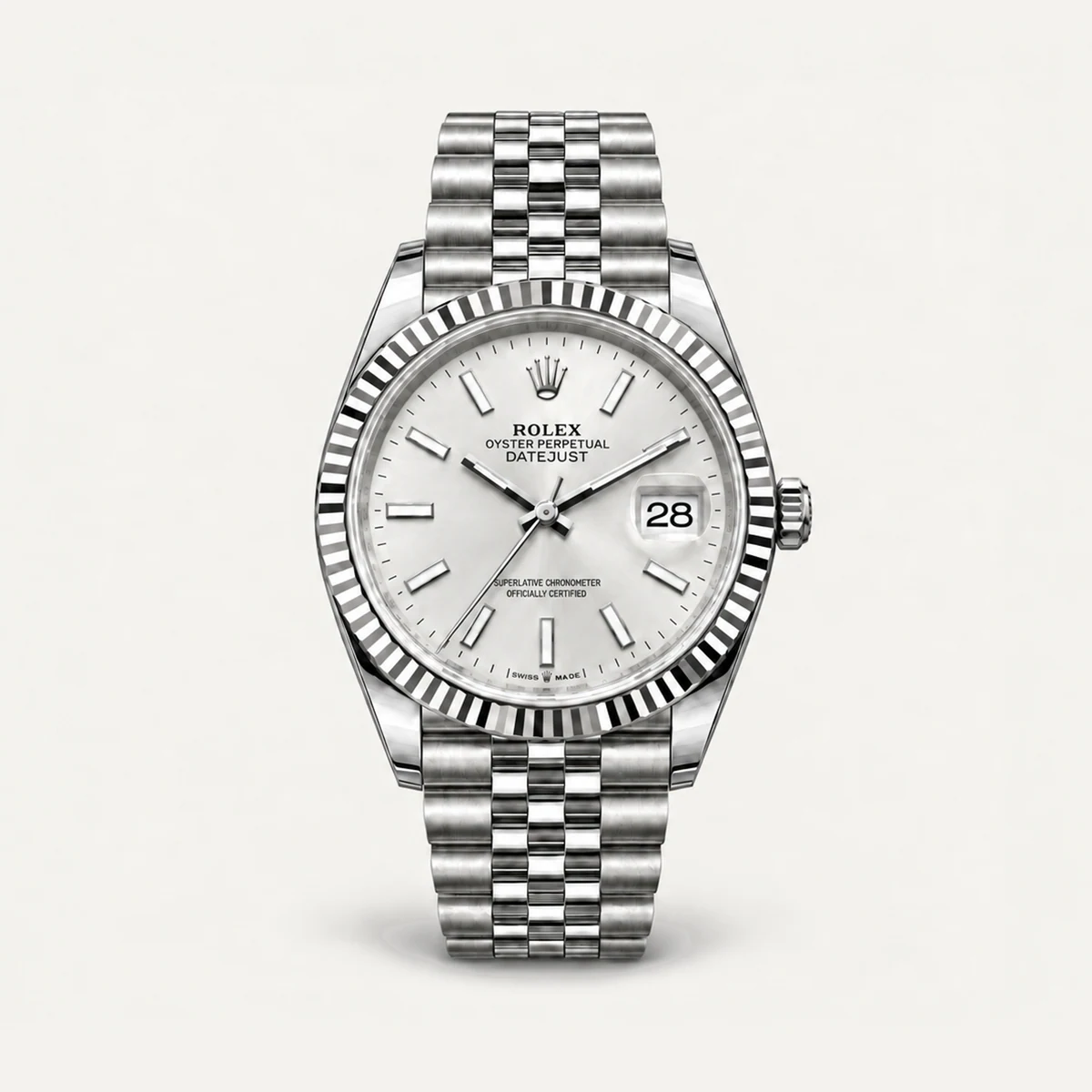 Rolex Datejust 36, Silver dial · Fluted bezel · Jubilee — illustrative render, not a photograph of the piece