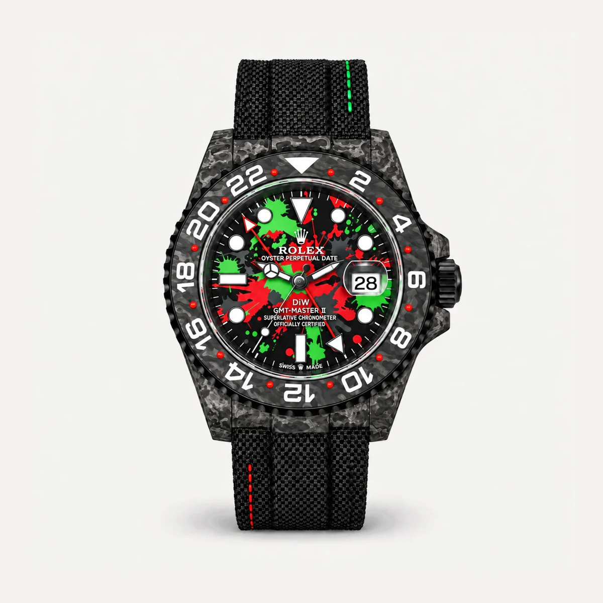 Rolex GMT-Master II 40، DiW «Carbon Splatter» (تعديل خاص) · حزام قماشي (تعديل خاص) — صورة توضيحية وليست صورة للقطعة