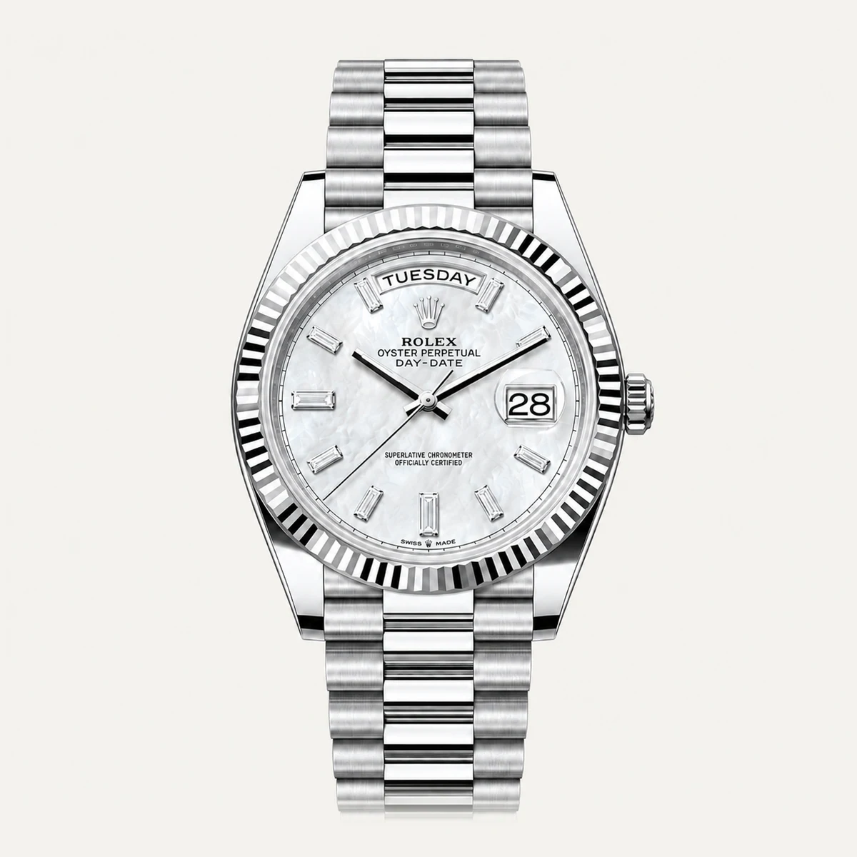 Rolex Day-Date 40, White mother-of-pearl dial · Baguette-set markers (simulated) · President — illustrative render, not a photograph of the piece