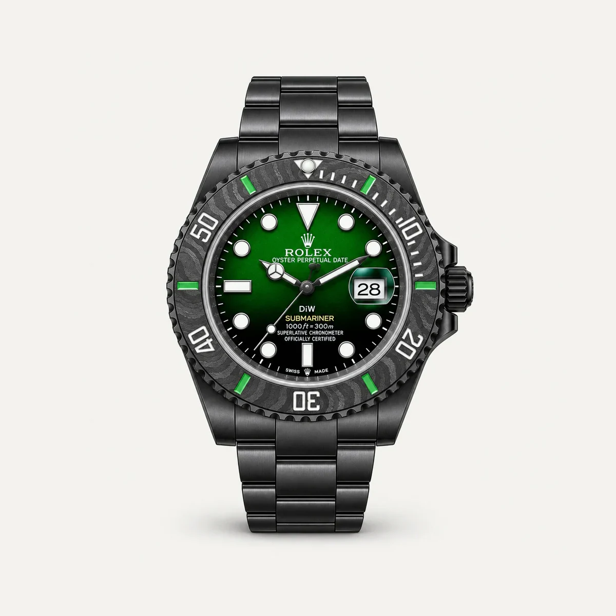 Rolex Submariner 40، DiW «Emerald» (تعديل خاص) · سوار أويستر — صورة توضيحية وليست صورة للقطعة