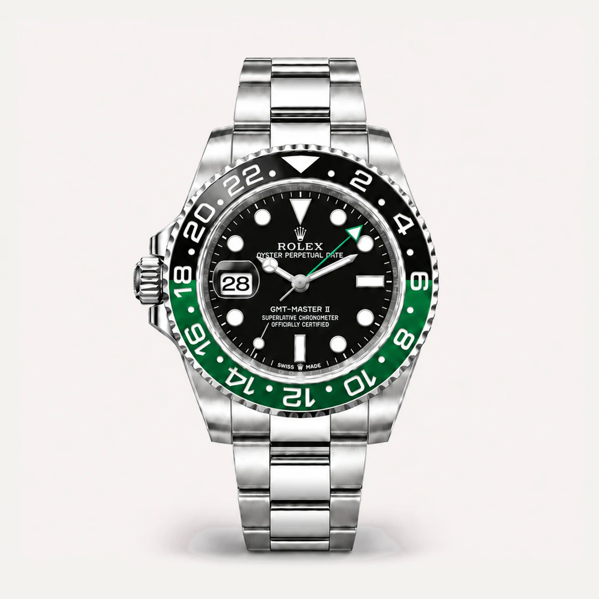 Rolex GMT-Master II 40, Black dial · Oyster — illustrative render, not a photograph of the piece
