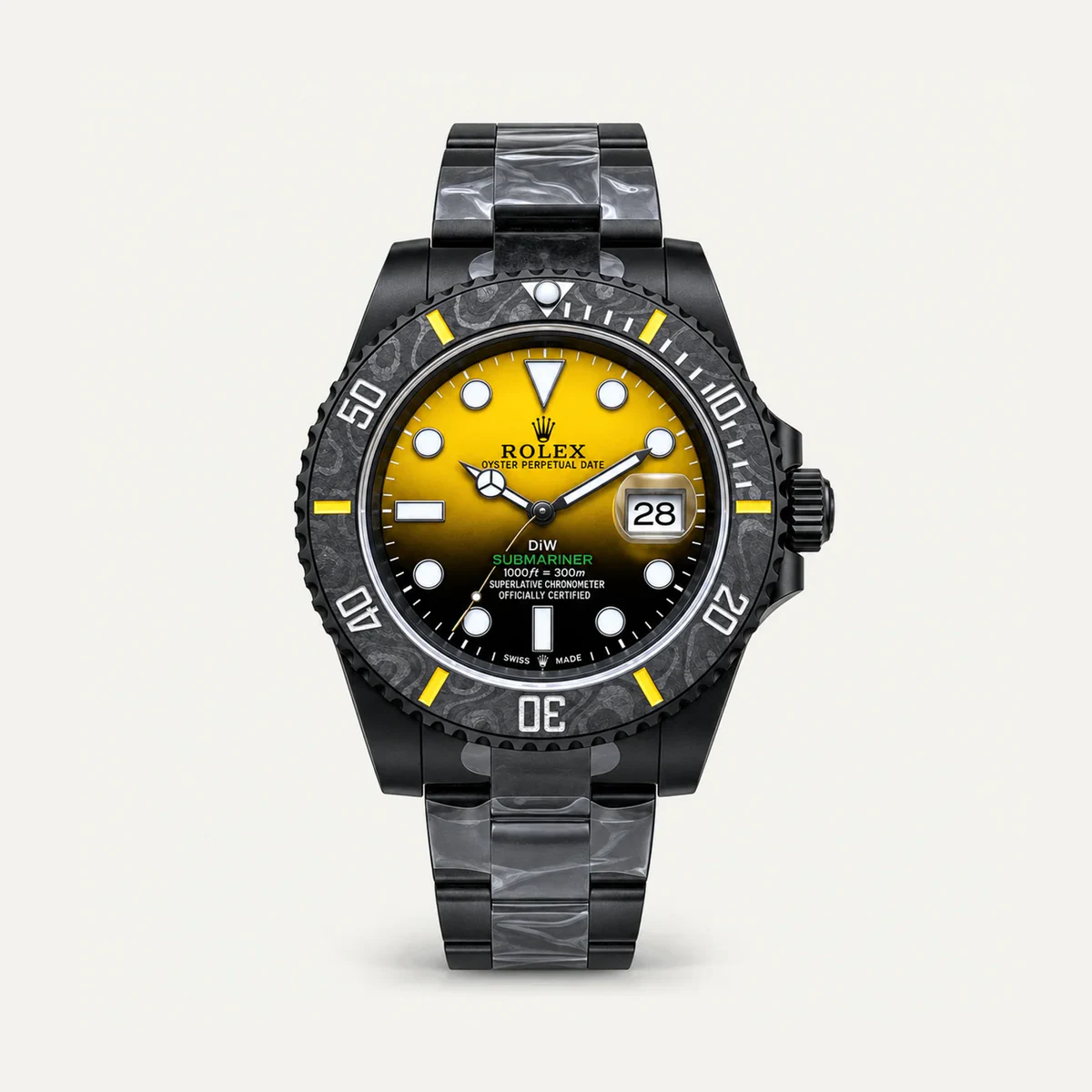 Rolex Submariner 40، DiW «Yellow Gradient» (تعديل خاص) · سوار أويستر — صورة توضيحية وليست صورة للقطعة