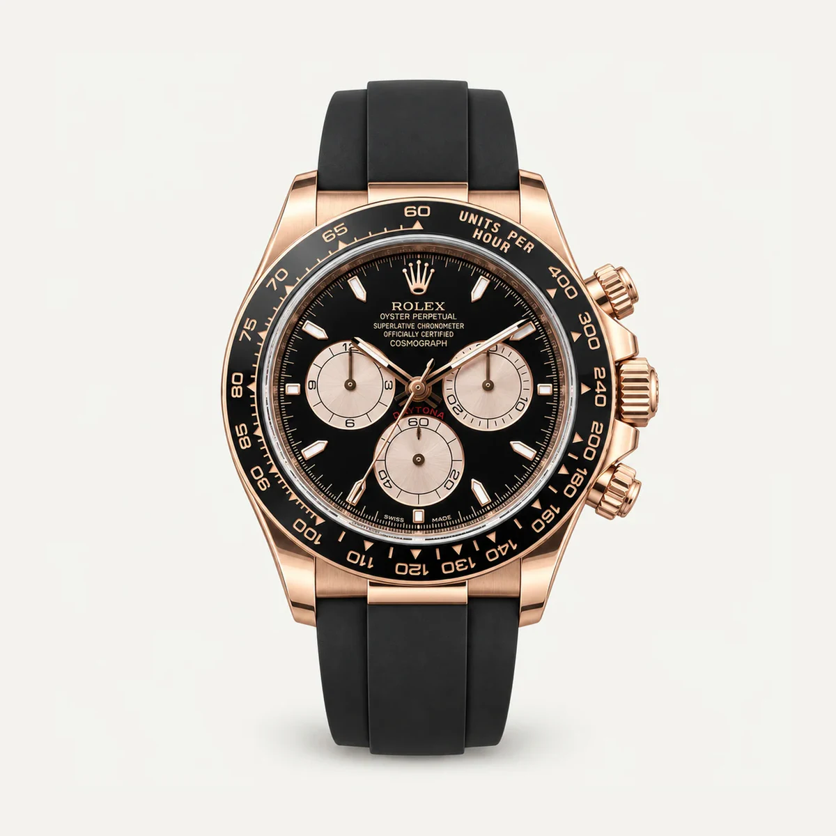Rolex Cosmograph Daytona 40، ميناء أسود · حزام بنمط أويسترفليكس · الجيل الحالي — صورة توضيحية وليست صورة للقطعة