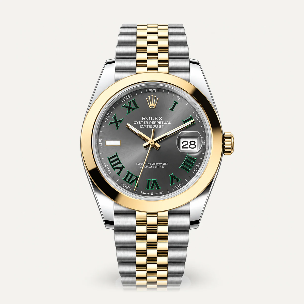 Rolex Datejust 41، ميناء أردوازي «ويمبلدون» · إطار أملس · أرقام رومانية · سوار جوبلي — صورة توضيحية وليست صورة للقطعة