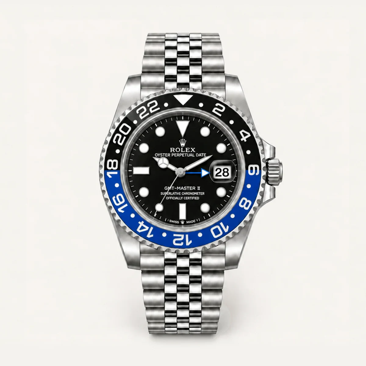 Rolex GMT-Master II 40، ميناء أسود · سوار جوبلي — صورة توضيحية وليست صورة للقطعة