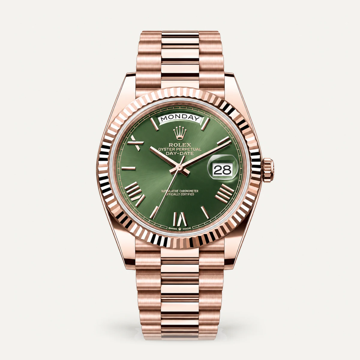 Rolex Day-Date 40، ميناء أخضر زيتوني · أرقام رومانية · سوار بريزيدنت — صورة توضيحية وليست صورة للقطعة