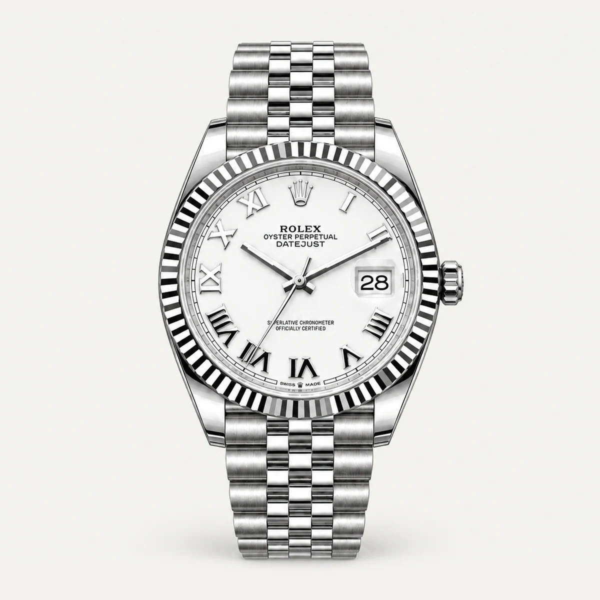 Rolex Datejust 41، ميناء أبيض · إطار مخدد · أرقام رومانية · سوار جوبلي — صورة توضيحية وليست صورة للقطعة