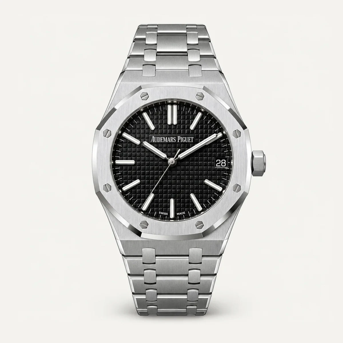Audemars Piguet Royal Oak 41, Black dial — illustrative render, not a photograph of the piece