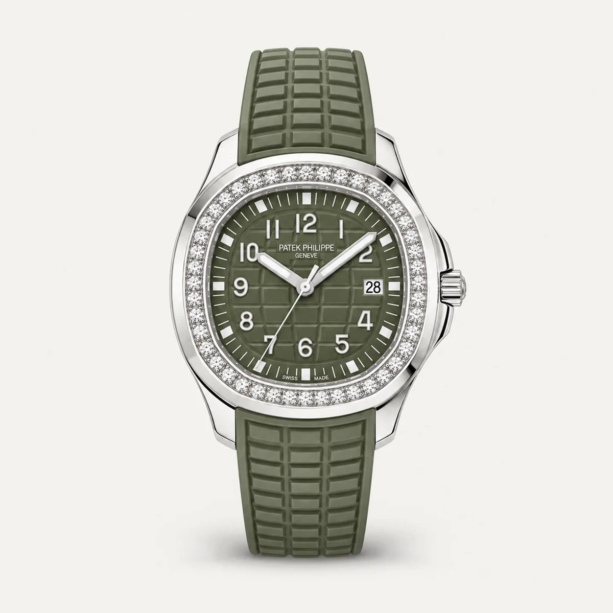 Patek Philippe Aquanaut Luce 5267/200A، ميناء أخضر كاكي · ستيل · إطار مرصّع — صورة توضيحية وليست صورة للقطعة