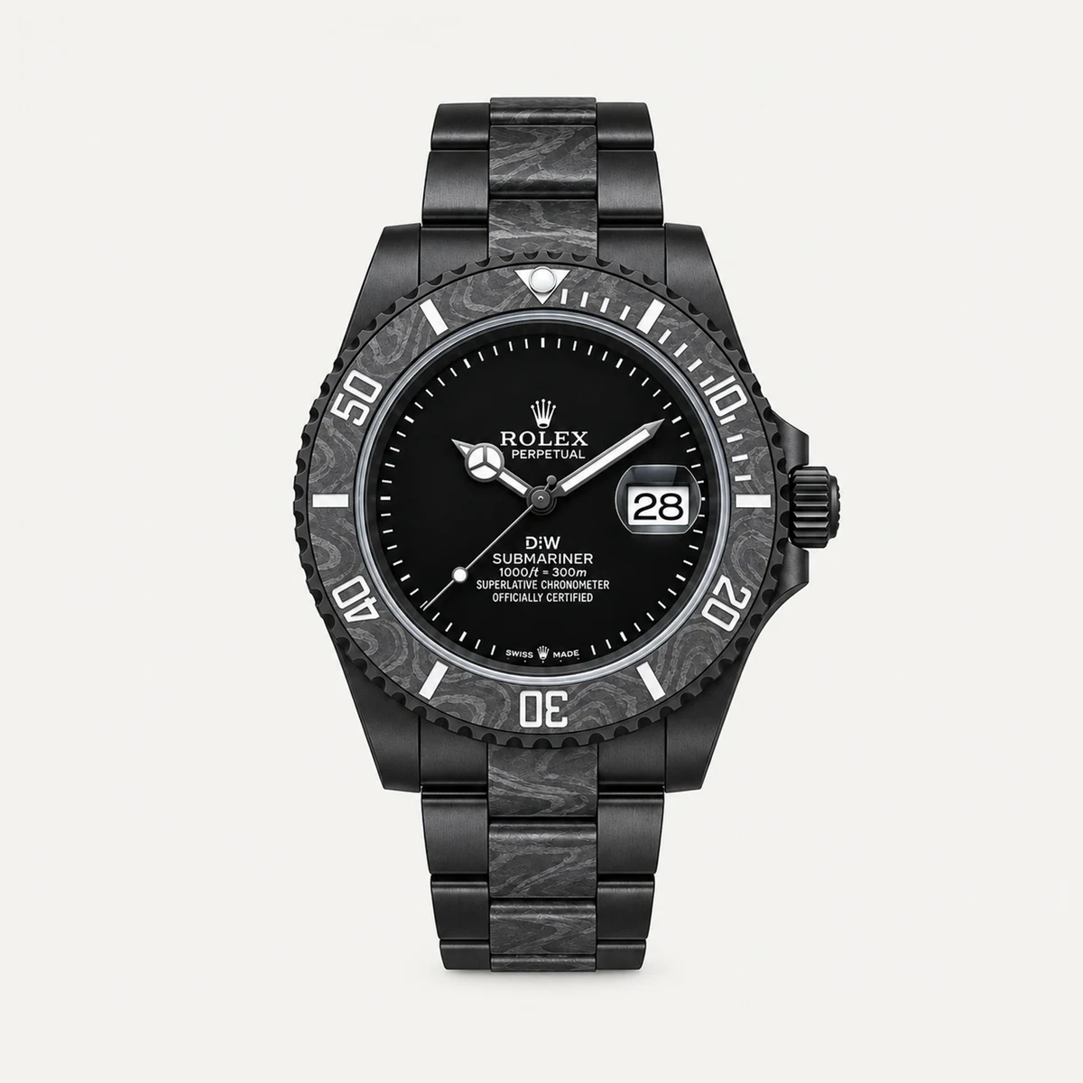 Rolex Submariner 40، DiW «Stealth Black» (تعديل خاص) · سوار أويستر — صورة توضيحية وليست صورة للقطعة