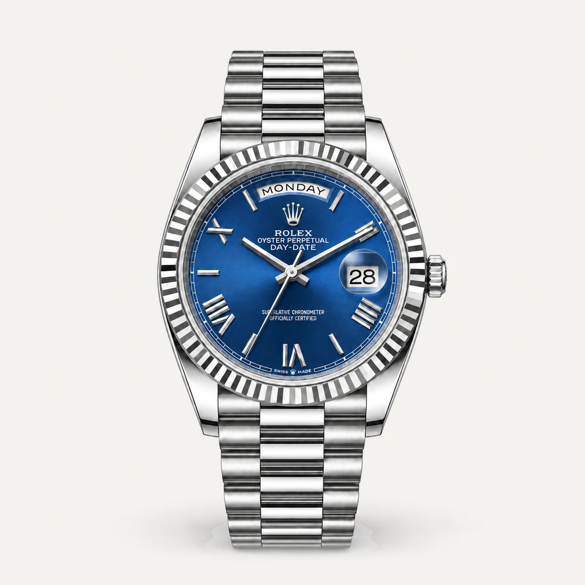 Rolex Day-Date 40، ميناء أزرق · أرقام رومانية · سوار بريزيدنت — صورة توضيحية وليست صورة للقطعة