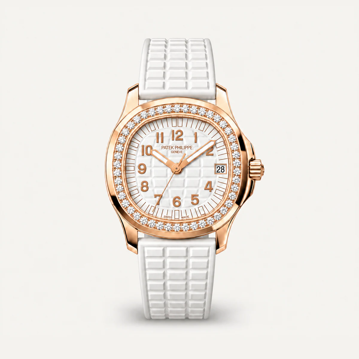 Patek Philippe Aquanaut 5068R، ميناء أبيض · لون الذهب الوردي · إطار مرصّع — صورة توضيحية وليست صورة للقطعة