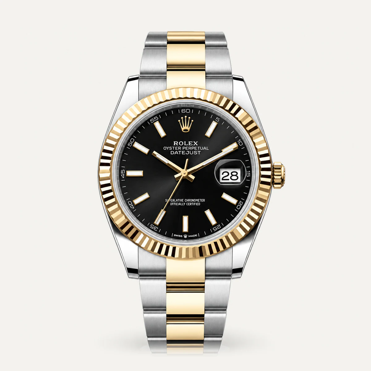 Rolex Datejust 41، ميناء أسود · إطار مخدد · سوار أويستر — صورة توضيحية وليست صورة للقطعة