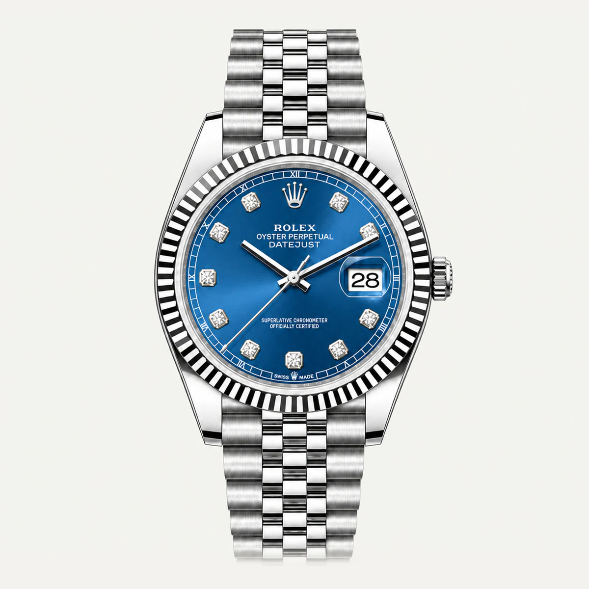 Rolex Datejust 41، ميناء أزرق · إطار مخدد · مؤشرات مرصّعة (أحجار مقلّدة) · سوار جوبلي — صورة توضيحية وليست صورة للقطعة