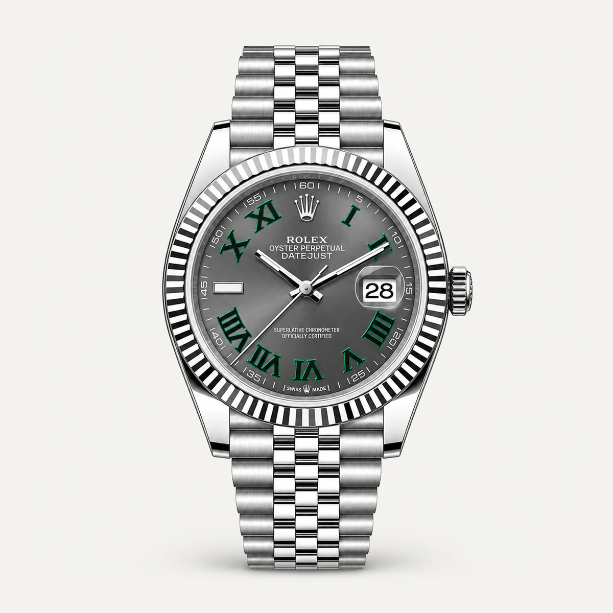 Rolex Datejust 41، ميناء أردوازي «ويمبلدون» · إطار مخدد · أرقام رومانية · سوار جوبلي — صورة توضيحية وليست صورة للقطعة