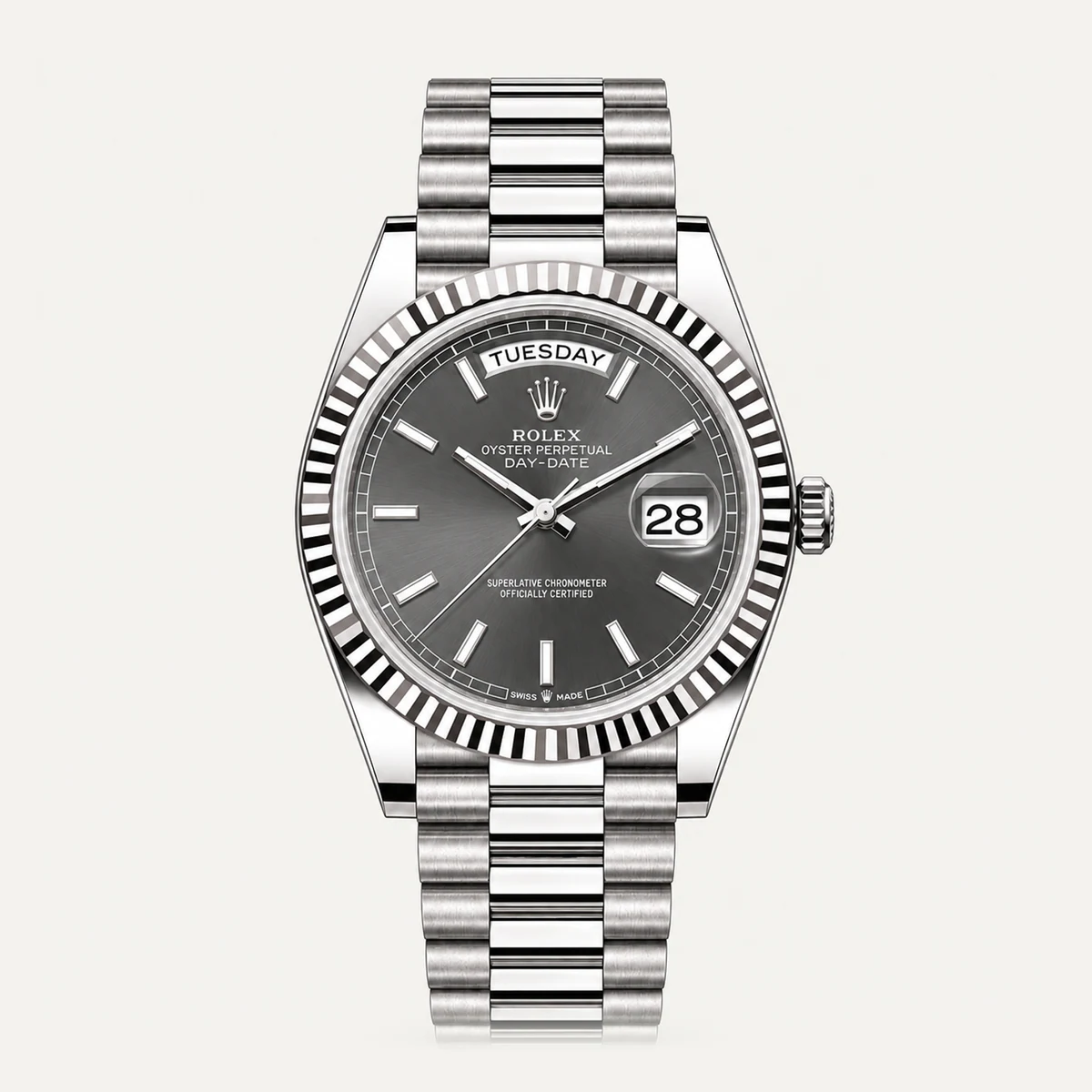 Rolex Day-Date 40، ميناء رمادي · سوار بريزيدنت — صورة توضيحية وليست صورة للقطعة