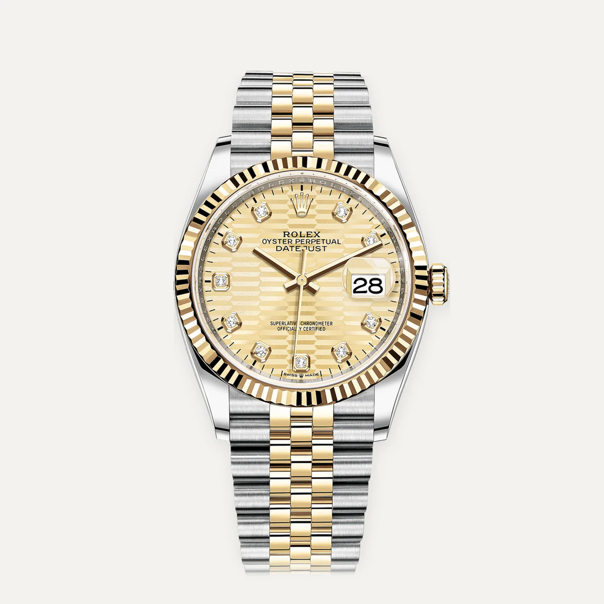 Rolex Datejust 36، ميناء ذهبي بنقش مخدد · إطار مخدد · مؤشرات مرصّعة (أحجار مقلّدة) · سوار جوبلي — صورة توضيحية وليست صورة للقطعة
