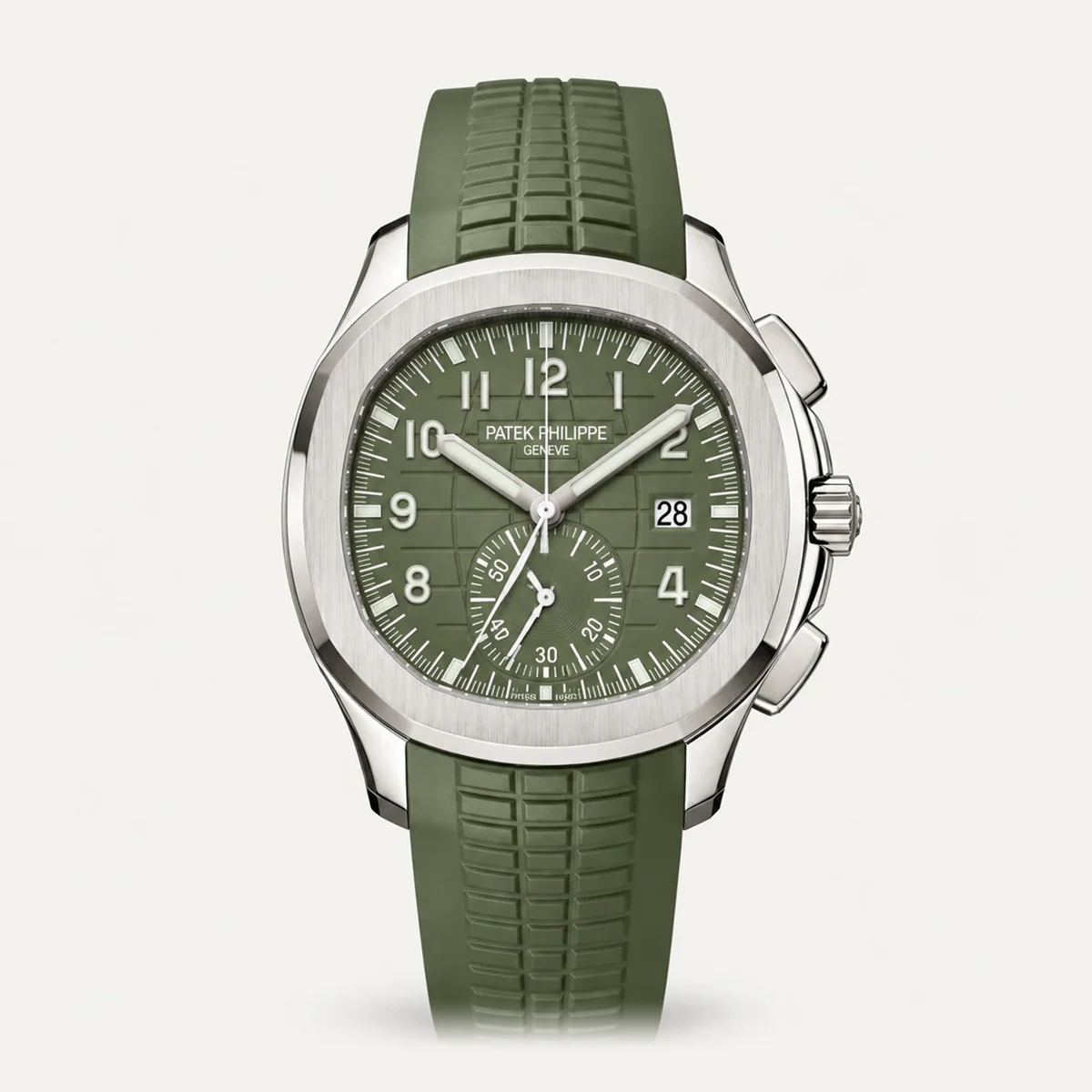 Patek Philippe Aquanaut Chronograph 5968G، ميناء أخضر كاكي · لون الذهب الأبيض — صورة توضيحية وليست صورة للقطعة
