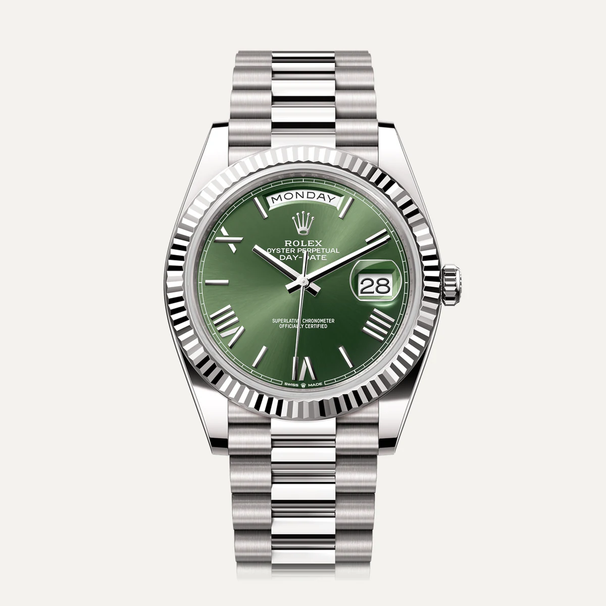 Rolex Day-Date 40، ميناء أخضر زيتوني · أرقام رومانية · سوار بريزيدنت — صورة توضيحية وليست صورة للقطعة