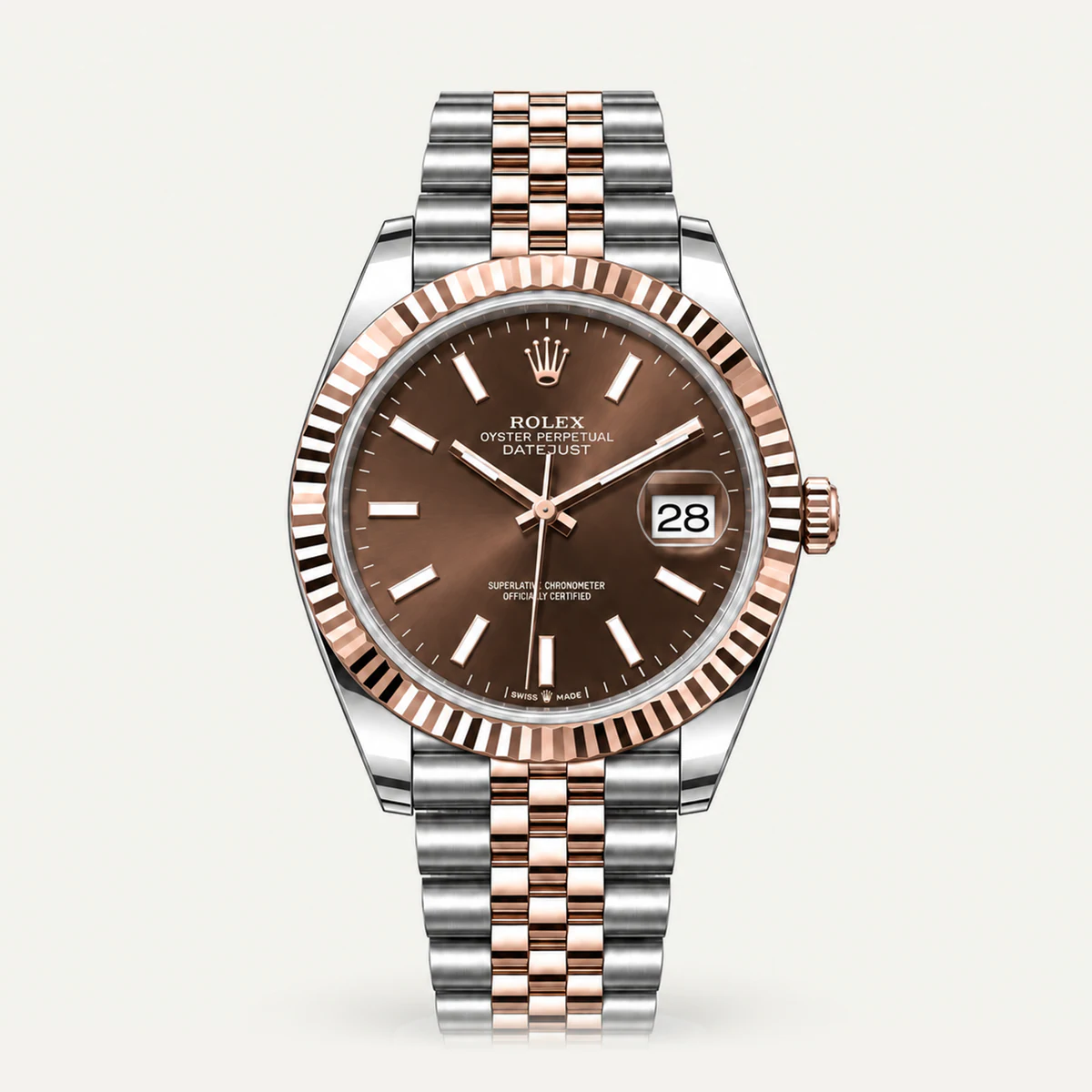 Rolex Datejust 41، ميناء شوكولاتة · إطار مخدد · سوار جوبلي — صورة توضيحية وليست صورة للقطعة