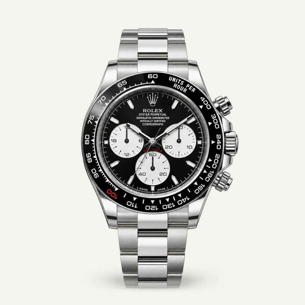 Rolex Cosmograph Daytona 40, Black dial with white counters · Oyster · Current generation — illustrative render, not a photograph of the piece