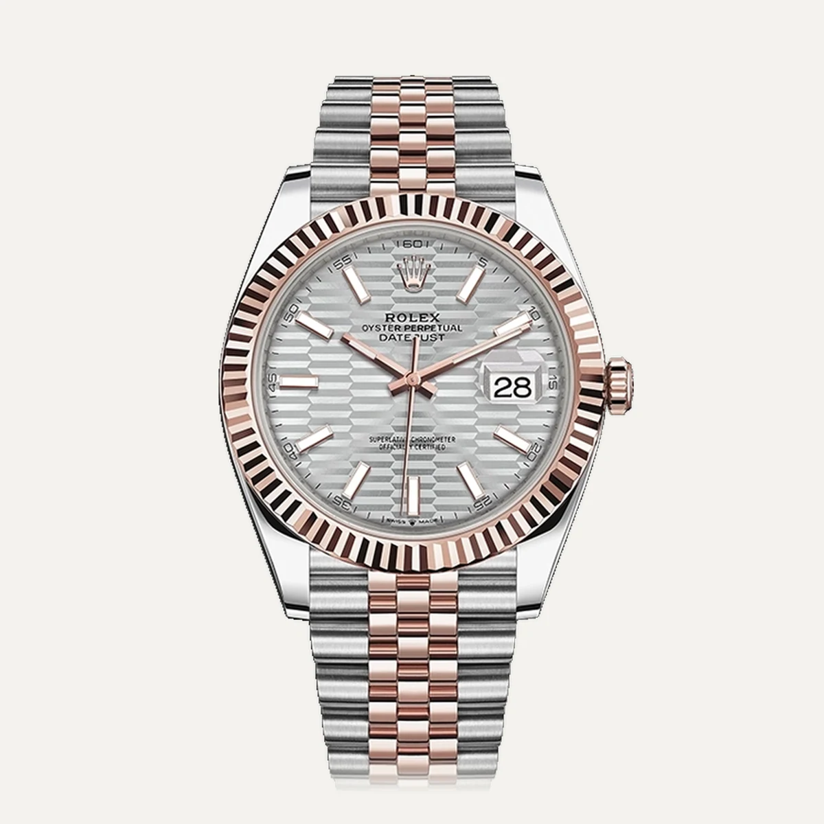 Rolex Datejust 41، ميناء فضي بنقش مخدد · إطار مخدد · سوار جوبلي — صورة توضيحية وليست صورة للقطعة