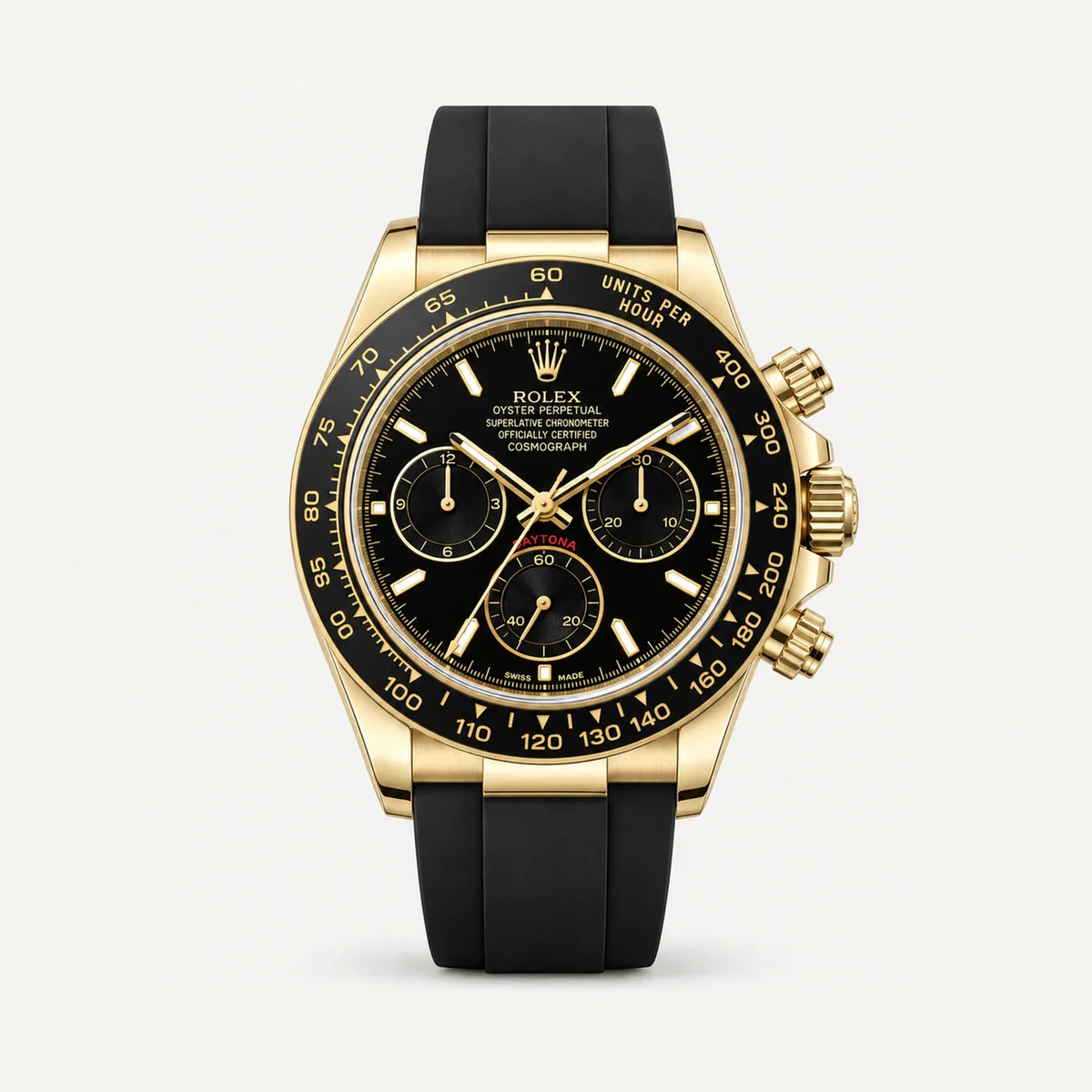 Rolex Cosmograph Daytona 40، ميناء أسود · حزام بنمط أويسترفليكس · الجيل الحالي — صورة توضيحية وليست صورة للقطعة