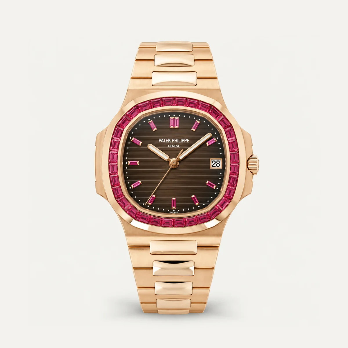 Patek Philippe Nautilus 5723/112R، ميناء بني · لون الذهب الوردي · إطار مرصّع — صورة توضيحية وليست صورة للقطعة