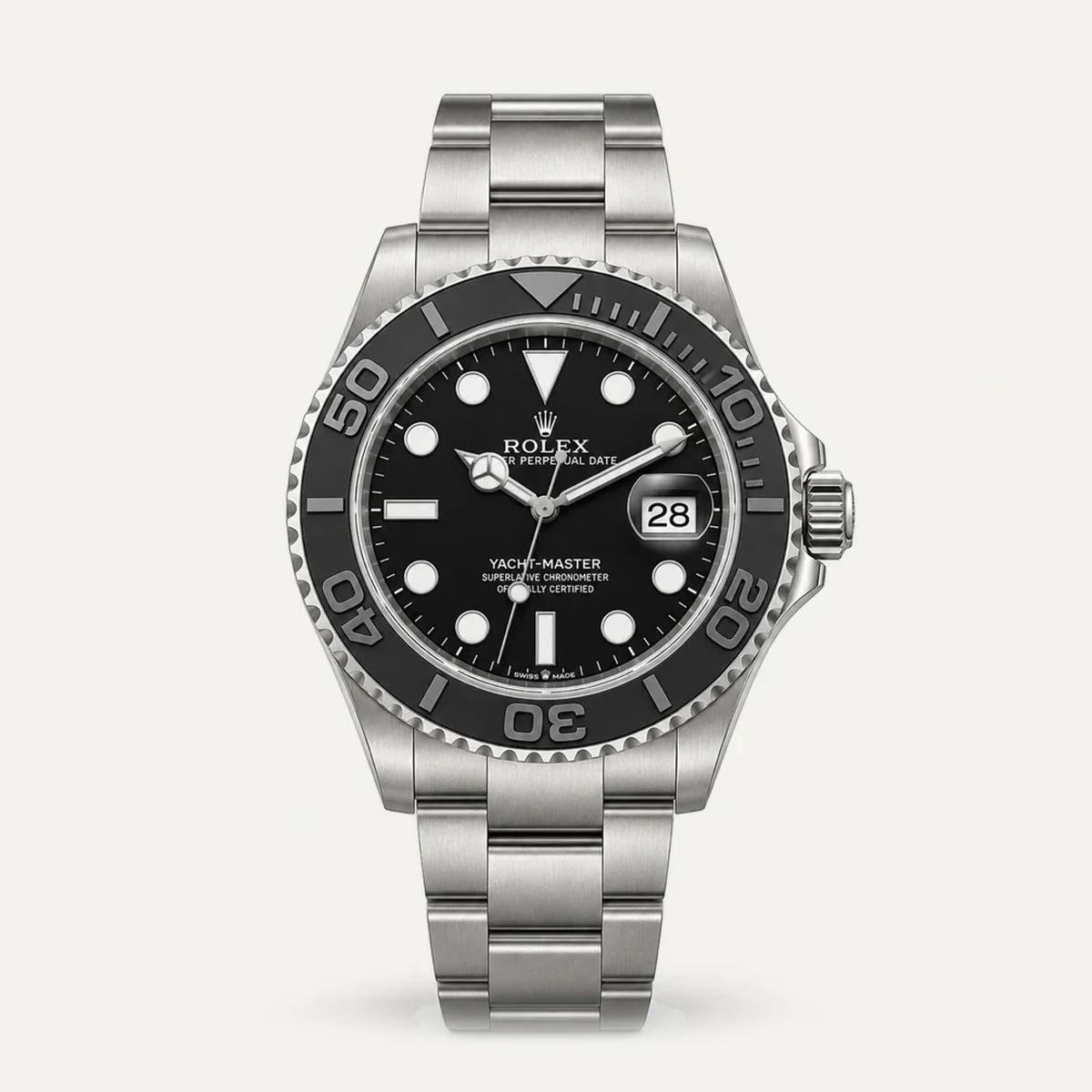 Rolex Yacht-Master 42, Black dial · Oyster — illustrative render, not a photograph of the piece