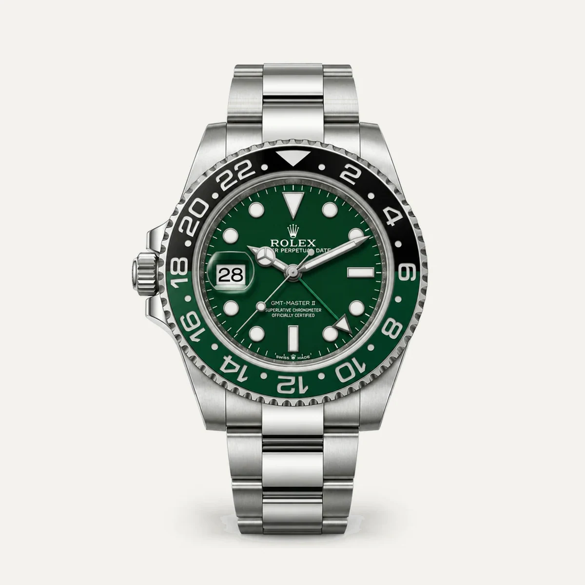 Rolex GMT-Master II 40، ميناء أخضر · سوار أويستر — صورة توضيحية وليست صورة للقطعة