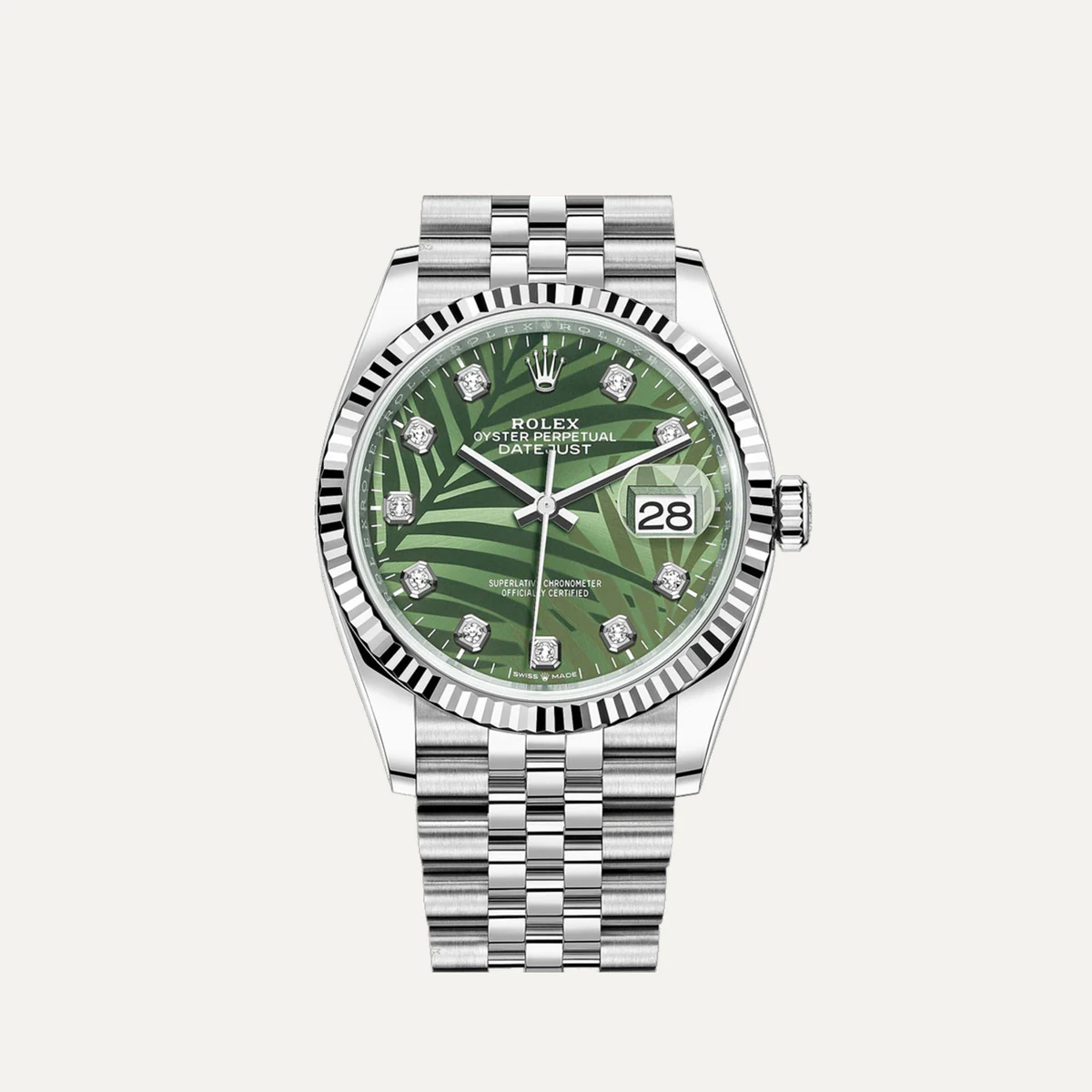 Rolex Datejust 36، ميناء أخضر زيتوني بنقش النخيل · إطار مخدد · مؤشرات مرصّعة (أحجار مقلّدة) · سوار جوبلي — صورة توضيحية وليست صورة للقطعة