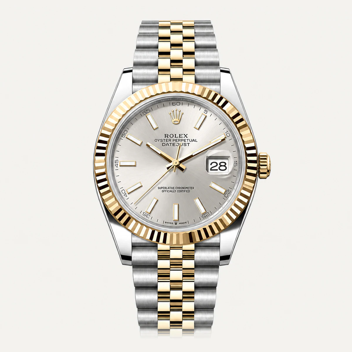 Rolex Datejust 41، ميناء فضي · إطار مخدد · سوار جوبلي — صورة توضيحية وليست صورة للقطعة