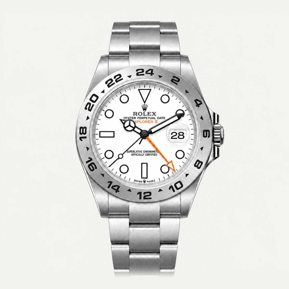 Rolex Explorer II 42, White “Polar” dial — illustrative render, not a photograph of the piece